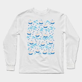 Blue Ship Voyage in the Sea Pattern Long Sleeve T-Shirt